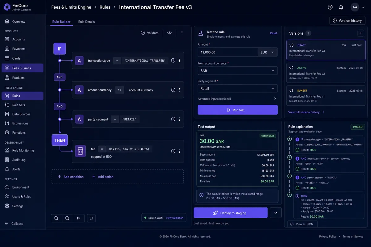KORE fees and limits engine configuration screen